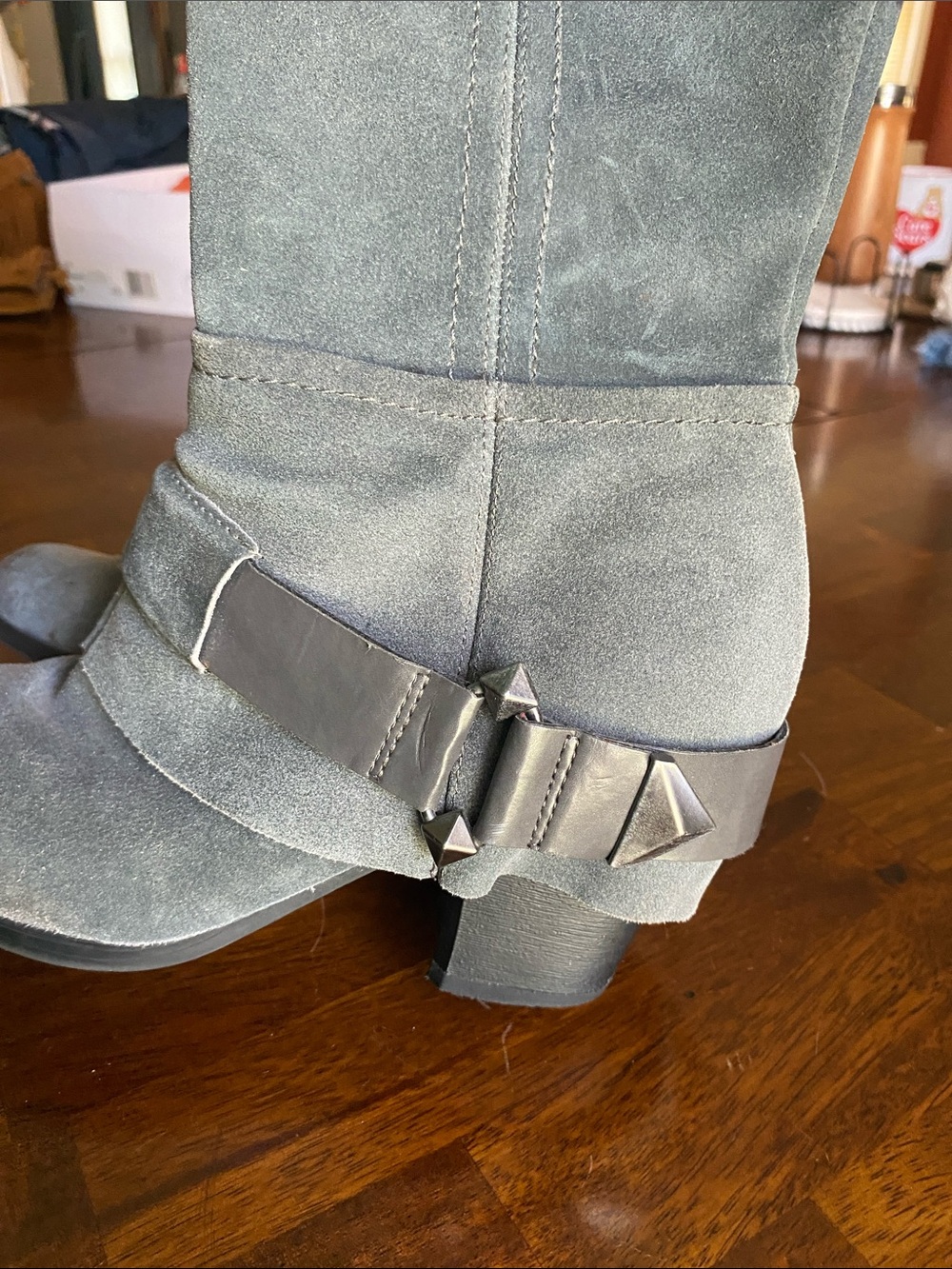 Fergie Tall Gray Moto Boots with Buckle Detail - Picture 5 of 9